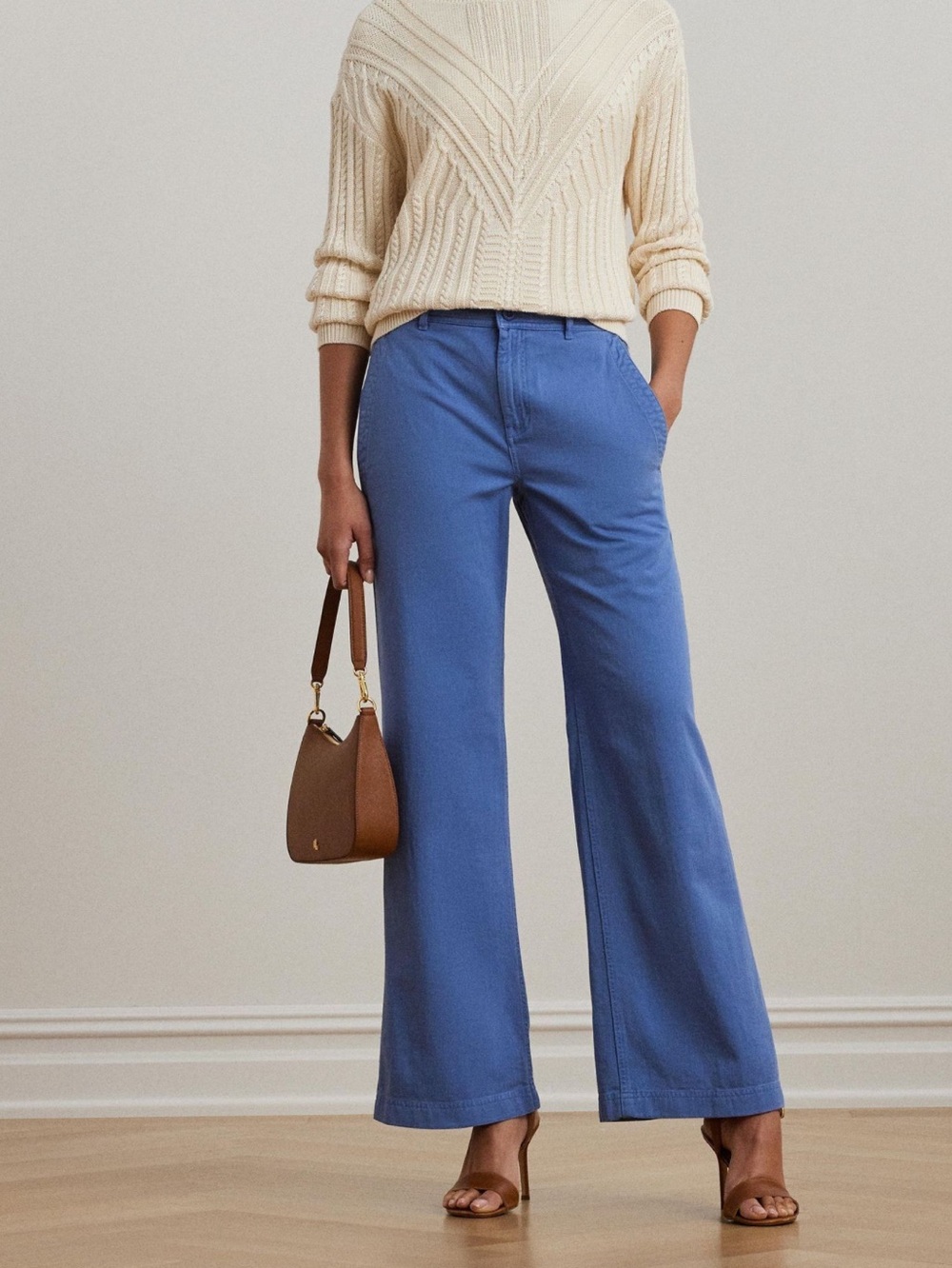 Lauren Ralph Lauren Mahkey Cotton Twill Wide-Leg Trousers, Blue, Size 14, NWOT